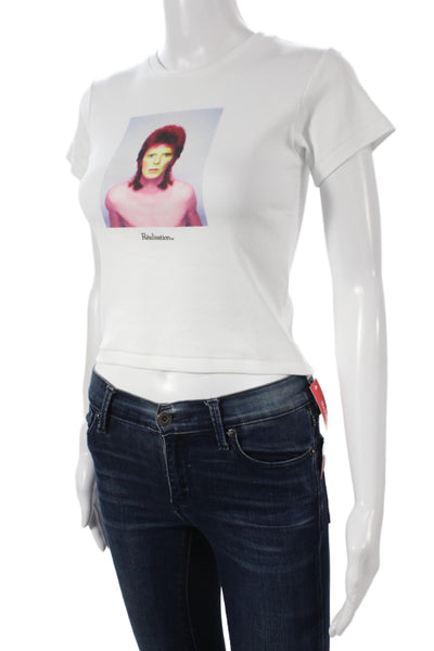 Realisation Womens Cropped White David Bowie Crew Neck T-Shirt Size 2XS