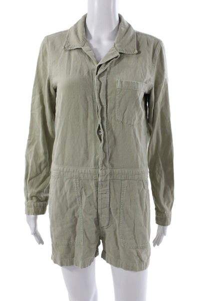 Monrow Womens Collared Green Utility Cotton Romper Long Sleeve Button Size S