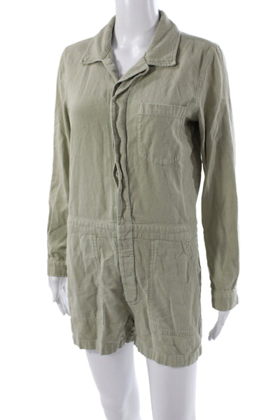 Monrow Womens Collared Green Utility Cotton Romper Long Sleeve Button Size S