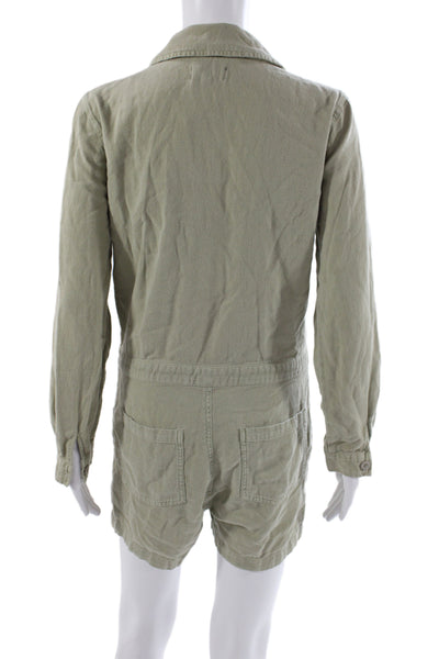 Monrow Womens Collared Green Utility Cotton Romper Long Sleeve Button Size S