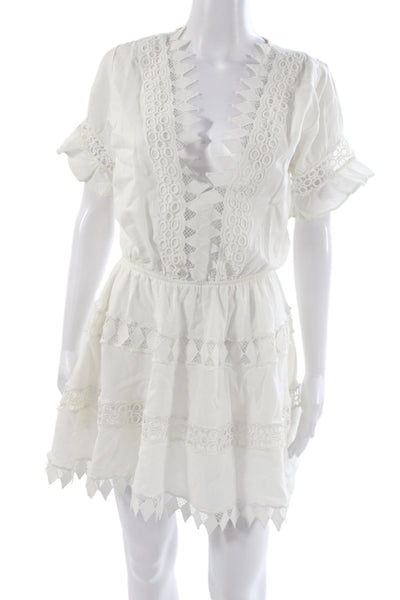 Peixoto Women Boho White V-Neck Mini Dress Short Sleeve 100% Cotton Size S