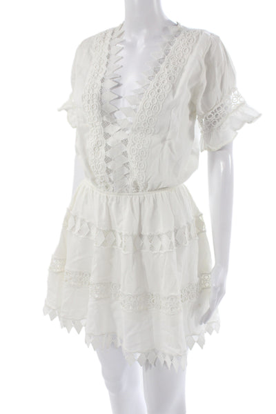 Peixoto Women Boho White V-Neck Mini Dress Short Sleeve 100% Cotton Size S