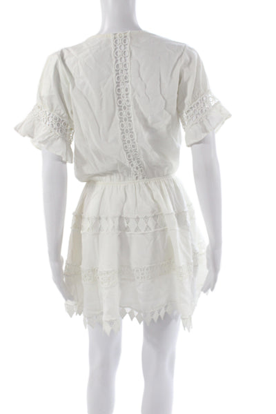 Peixoto Women Boho White V-Neck Mini Dress Short Sleeve 100% Cotton Size S