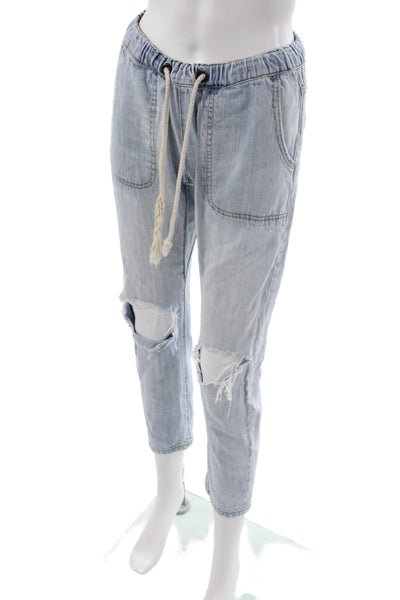 One Teaspoon Women Cropped Blue Jeans Drawstring Cotton Casual Size 2XS