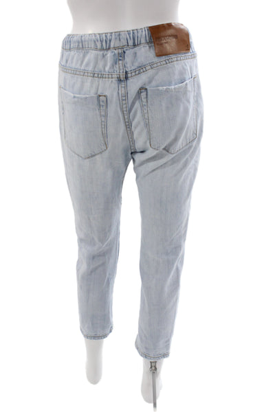 One Teaspoon Women Cropped Blue Jeans Drawstring Cotton Casual Size 2XS