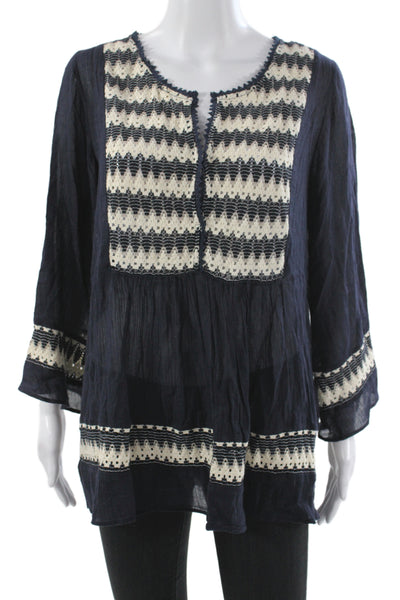 Calypso Women Boho Tunic Blouse Black Cotton Round Neck 3/4 Sleeve Size M