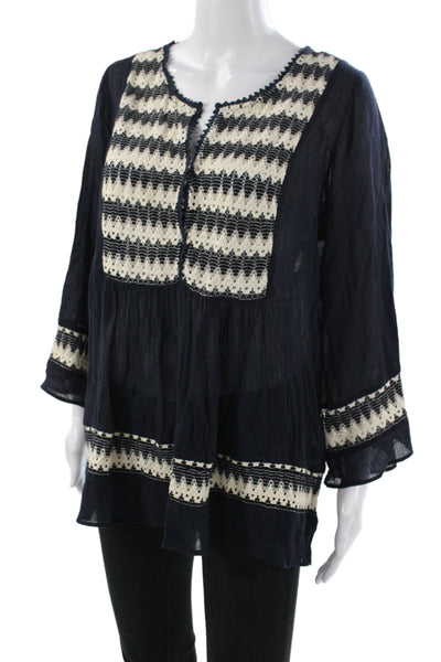 Calypso Women Boho Tunic Blouse Black Cotton Round Neck 3/4 Sleeve Size M