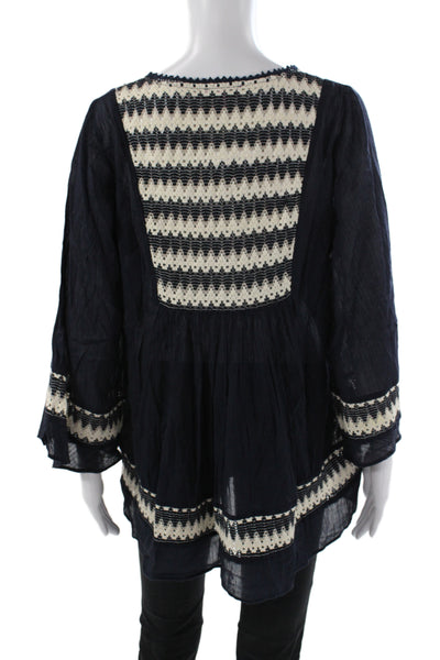 Calypso Women Boho Tunic Blouse Black Cotton Round Neck 3/4 Sleeve Size M