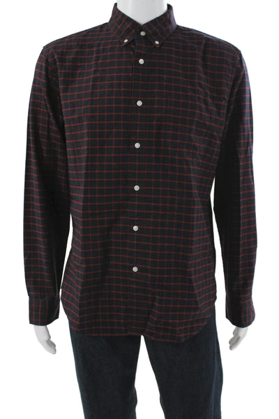 J Crew Mens Button Front Long Sleeve Collared Plaid Shirt Navy Red Size Large
