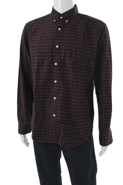 J Crew Mens Button Front Long Sleeve Collared Plaid Shirt Navy Red Size Large