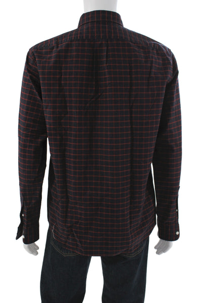 J Crew Mens Button Front Long Sleeve Collared Plaid Shirt Navy Red Size Large
