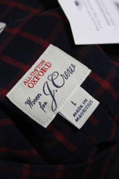 J Crew Mens Button Front Long Sleeve Collared Plaid Shirt Navy Red Size Large