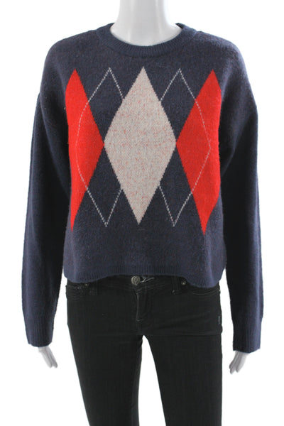 Aqua Women Blue Argyle Pullover Sweater Crew Neck Long Sleeve Size S