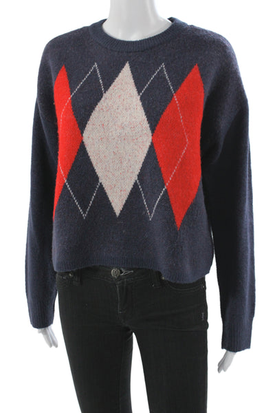 Aqua Women Blue Argyle Pullover Sweater Crew Neck Long Sleeve Size S