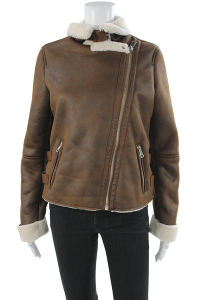 Aqua Womens Biker Jacket Faux Suede Brown Zip Long Sleeve Size XS