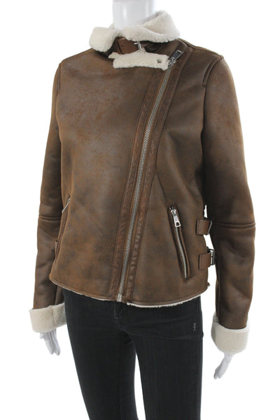 Aqua Womens Biker Jacket Faux Suede Brown Zip Long Sleeve Size XS
