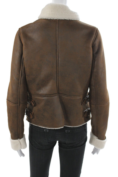 Aqua Womens Biker Jacket Faux Suede Brown Zip Long Sleeve Size XS