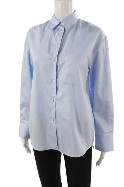 Zara Women Basic Collared Blue Button-Up Long Sleeve 100% Cotton Size XS