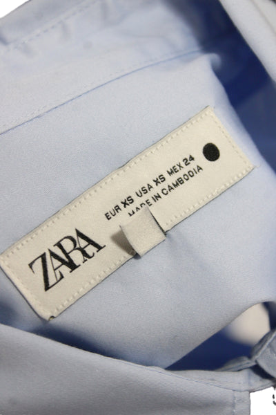Zara Women Basic Collared Blue Button-Up Long Sleeve 100% Cotton Size XS