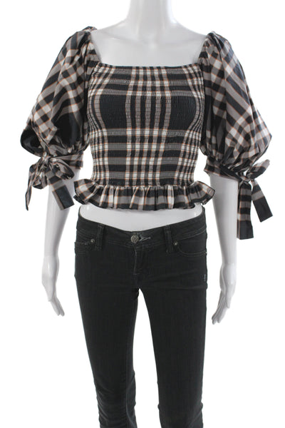 Caroline Constas Womens Cropped Plaid Blouse Black 3/4 Sleeve Size XS