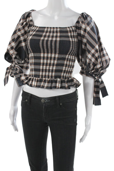 Caroline Constas Womens Cropped Plaid Blouse Black 3/4 Sleeve Size XS