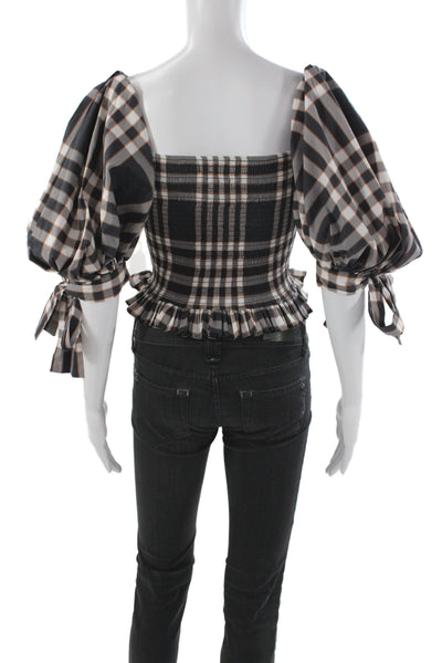 Caroline Constas Womens Cropped Plaid Blouse Black 3/4 Sleeve Size XS