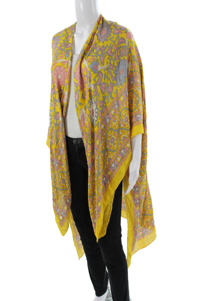 Free People Womens Lightweight Floral Printed Wrap Shawl Yellow Multi 70"x38"