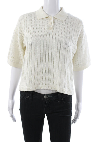Zara Women Ivory Striped Collared Button Pullover Sweater Short Sleeve Size XS