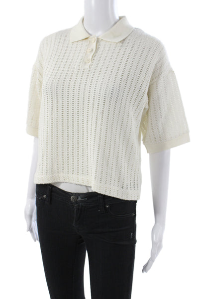 Zara Women Ivory Striped Collared Button Pullover Sweater Short Sleeve Size XS