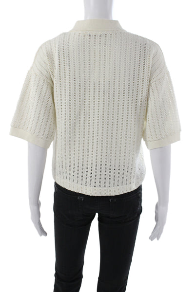 Zara Women Ivory Striped Collared Button Pullover Sweater Short Sleeve Size XS