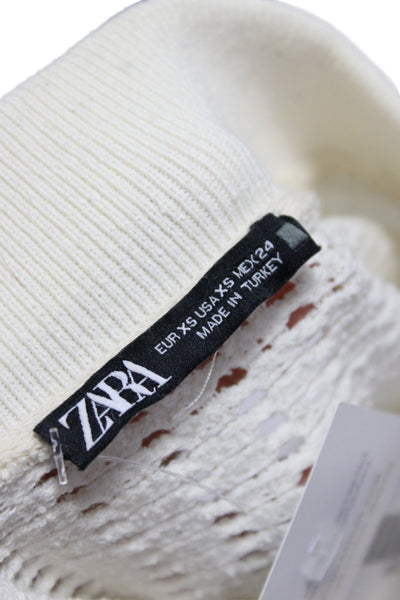 Zara Women Ivory Striped Collared Button Pullover Sweater Short Sleeve Size XS