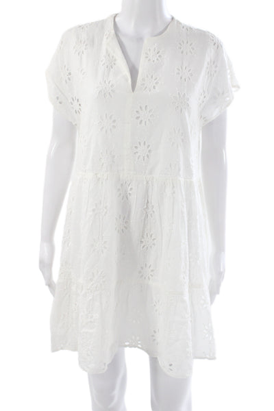 Zara Womens White Floral Shift Dress V Neck Short Sleeve Cotton Size M