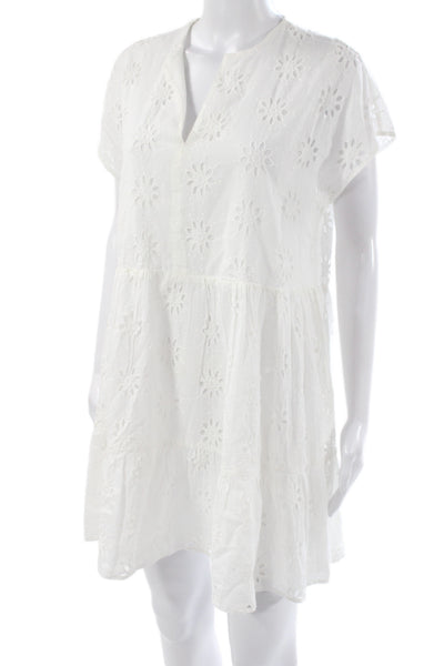 Zara Womens White Floral Shift Dress V Neck Short Sleeve Cotton Size M