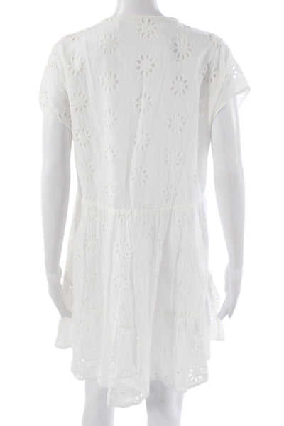 Zara Womens White Floral Shift Dress V Neck Short Sleeve Cotton Size M