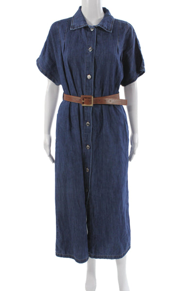 Zara Women Shirt Dress Blue Cotton Collared Short Sleeve Midi Button Size XS