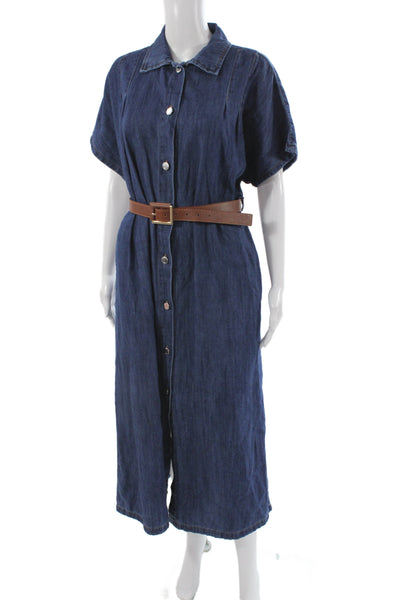 Zara Women Shirt Dress Blue Cotton Collared Short Sleeve Midi Button Size XS