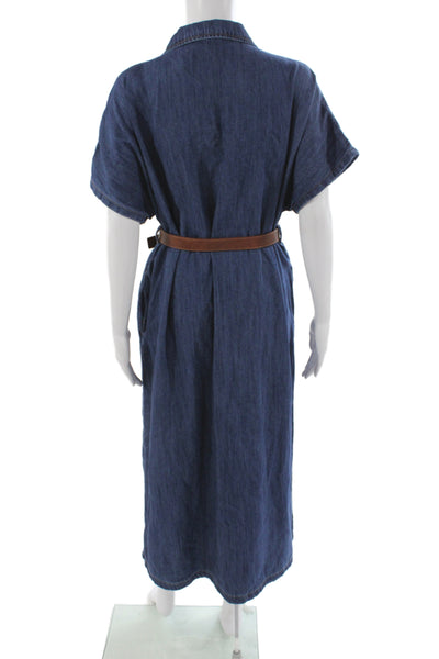 Zara Women Shirt Dress Blue Cotton Collared Short Sleeve Midi Button Size XS