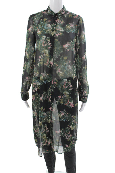 Zara Woman Women Tunic Button-Up Black Floral Long Sleeve Size S