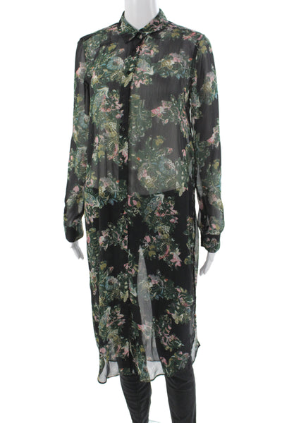 Zara Woman Women Tunic Button-Up Black Floral Long Sleeve Size S