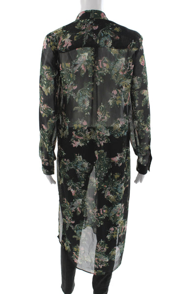 Zara Woman Women Tunic Button-Up Black Floral Long Sleeve Size S