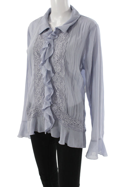 Free People Women Boho Tunic Blouse Collared Long Sleeve Blue Polyester Size L