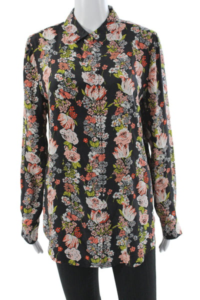 Equipment Femme Womens Floral Silk Collared Long Sleeve Blouse Black Size M