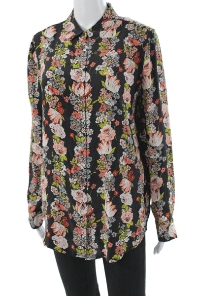 Equipment Femme Womens Floral Silk Collared Long Sleeve Blouse Black Size M
