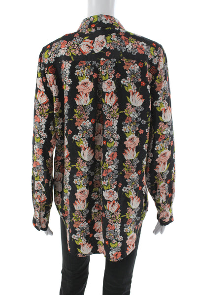 Equipment Femme Womens Floral Silk Collared Long Sleeve Blouse Black Size M