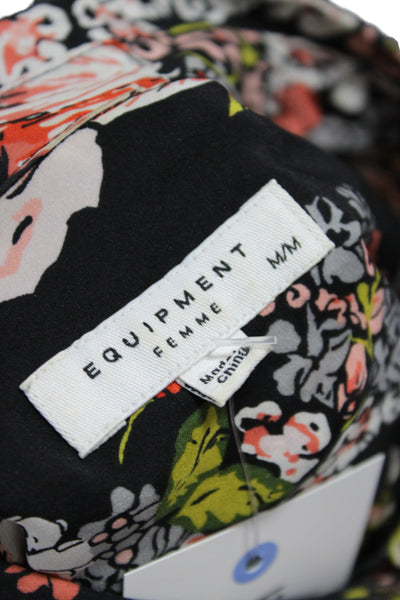 Equipment Femme Womens Floral Silk Collared Long Sleeve Blouse Black Size M