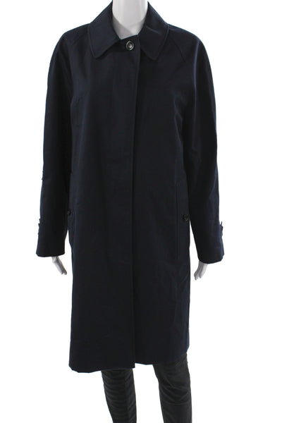 Burberry London Women Blue Check Cotton Rain Coat Button Long Sleeve Size 6