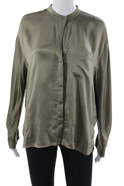 Vince Women Silk Long Sleeve High Neck Button Basic Blouse Green Size M