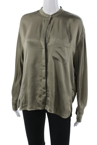 Vince Women Silk Long Sleeve High Neck Button Basic Blouse Green Size M