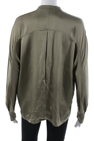 Vince Women Silk Long Sleeve High Neck Button Basic Blouse Green Size M