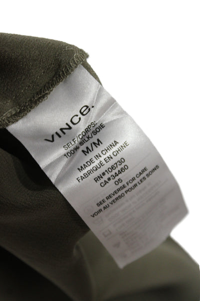 Vince Women Silk Long Sleeve High Neck Button Basic Blouse Green Size M